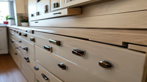 Lower cabinets, left of sink